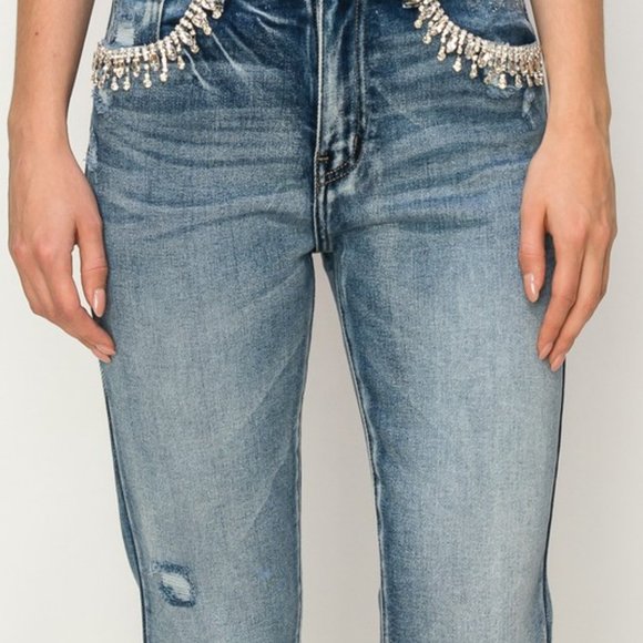 High Rise Crystal Embellished Crop Straight Jeans - Picture 4 of 8